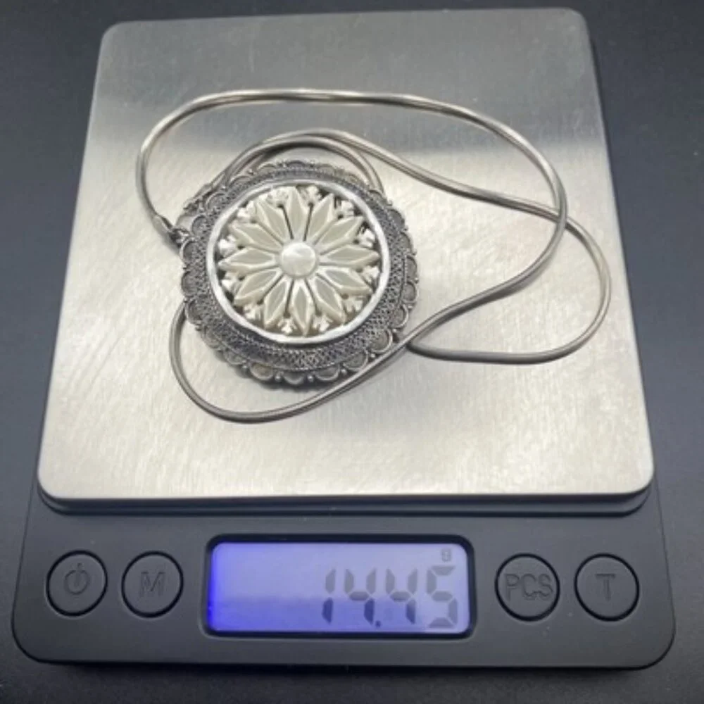 Vtg 950 Sterling Silver MOP Brooch Pendant Necklace Intricate Jerusalem 18” 14g - Picture 11 of 11